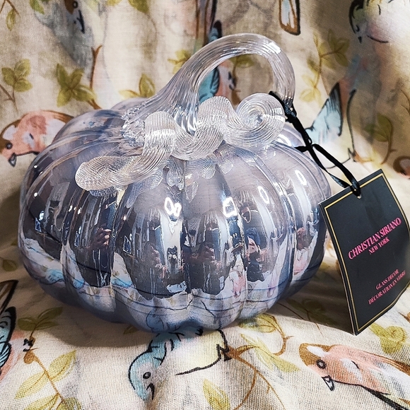 Christian Siriano Art Glass Spun Gold Stalk Pumpkin Fall Green Jadeite Gold NWT - Picture 14 of 14